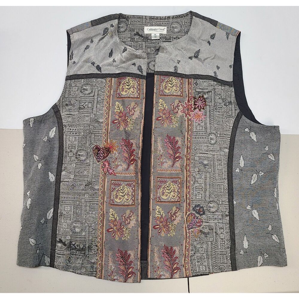 Coldwater Creek Embroidered Tapestry Vest Gray Floral Patchwork Size XL